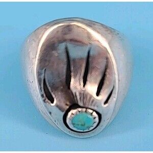 NATIVE AMERICAN SIGNED "R" STERLING SILVER TURQUOISE BEAR PAW RING 12.5 & 12g